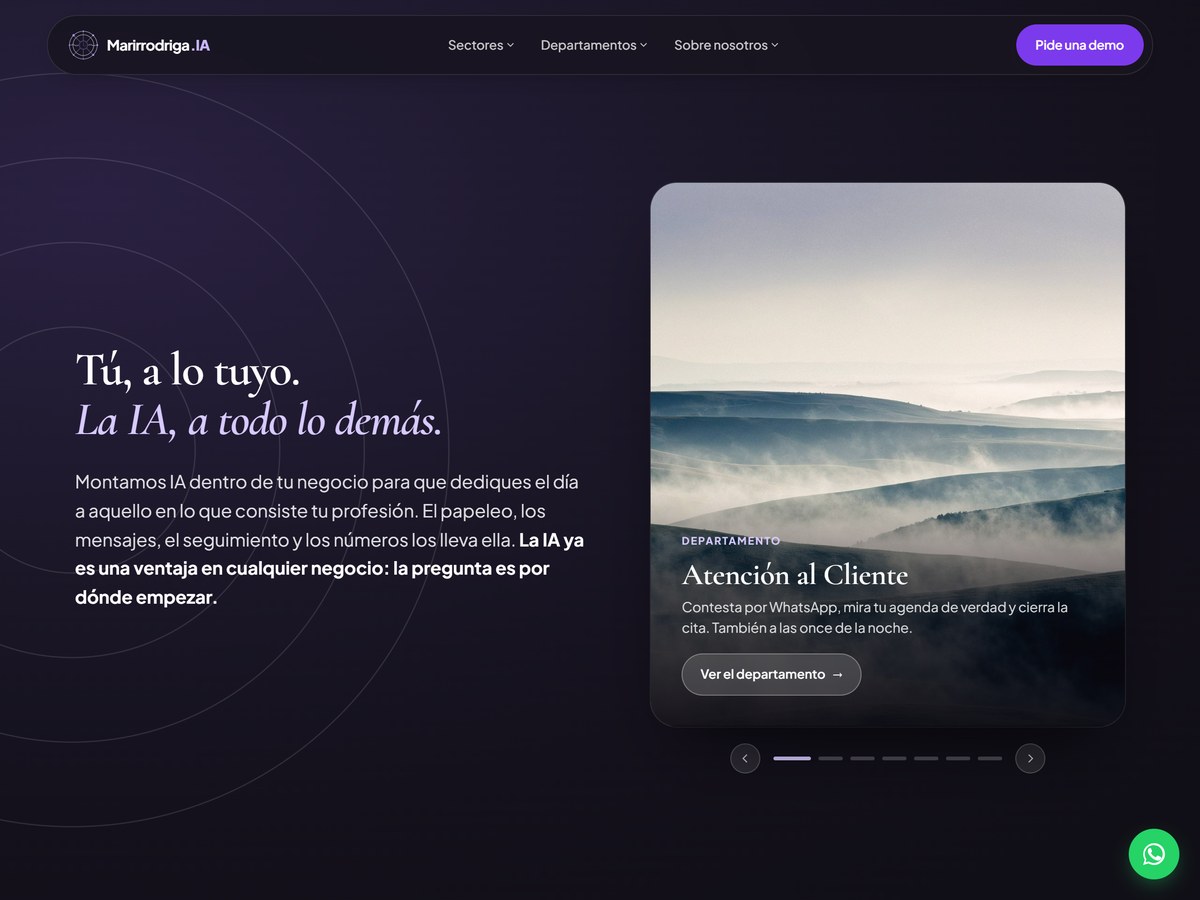 La portada de marirrodriga.com: el titular, el texto de entrada y la vitrina de departamentos