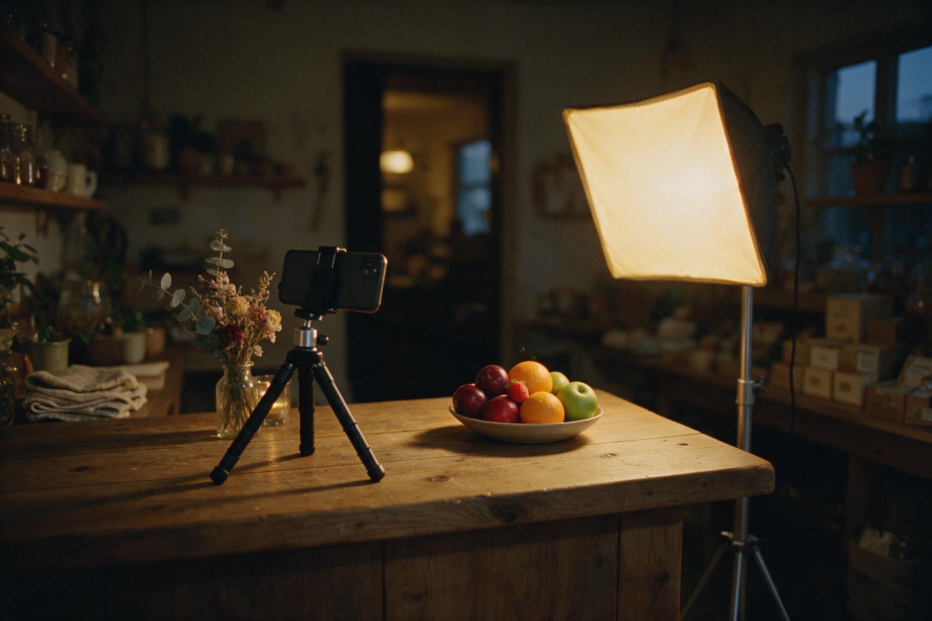 Un móvil en un trípode fotografiando un producto sobre el mostrador, con la tienda a oscuras detrás