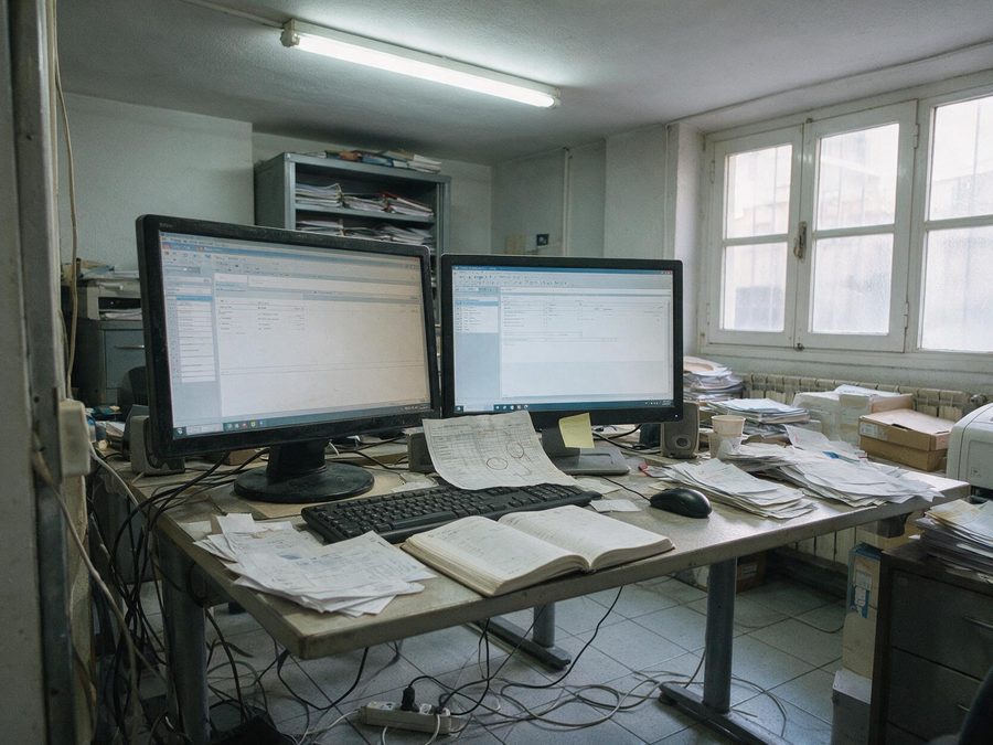 Dos monitores con dos programas distintos en la mesa de una oficina pequena, rodeados de papeles y un libro de registro