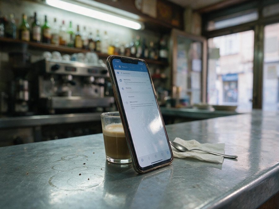 Un movil apoyado en el cafe sobre la barra de un bar de barrio, con el correo abierto en la pantalla