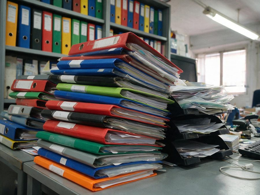 Carpetas de plástico y archivadores apilados en la mesa de una asesoría