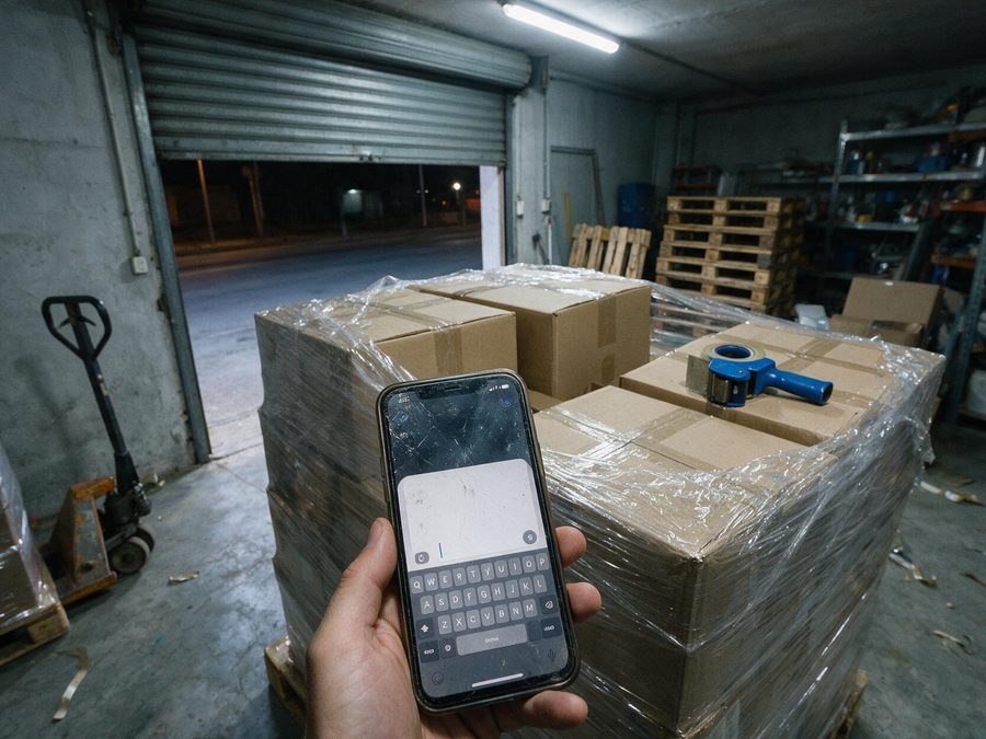 Una mano con el movil escribiendo un mensaje delante de un palet ya retractilado, con la persiana del muelle abierta