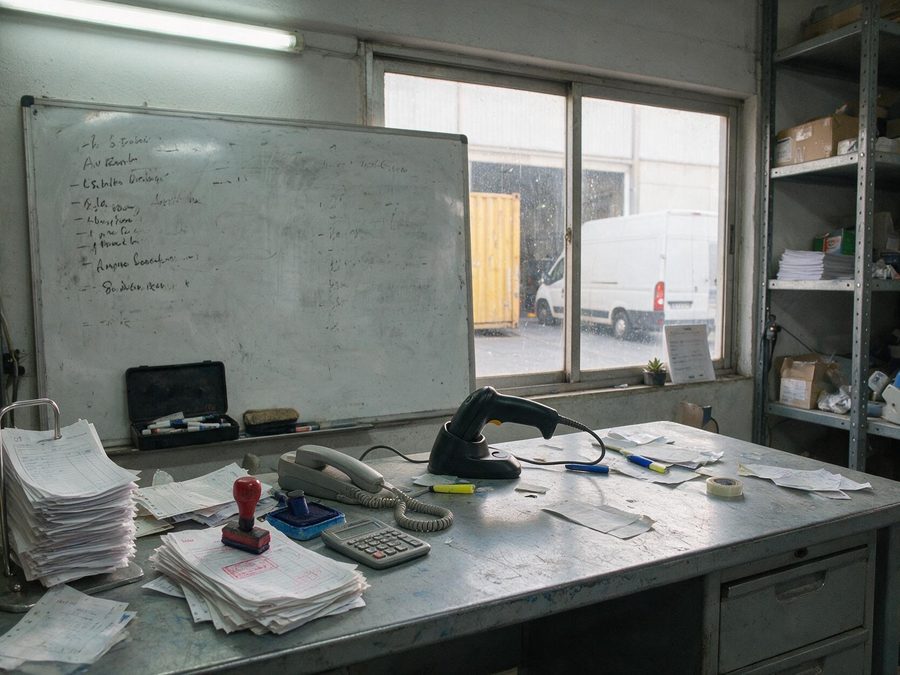 La oficina de un almacen: el pincho de albaranes, el escaner de codigos y la pizarra de rutas junto a la ventana del muelle