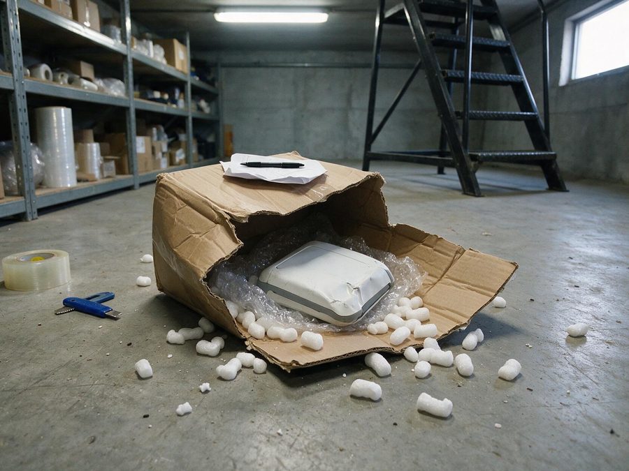 Una caja de carton reventada en el suelo del almacen, con el producto abollado dentro y el albaran encima