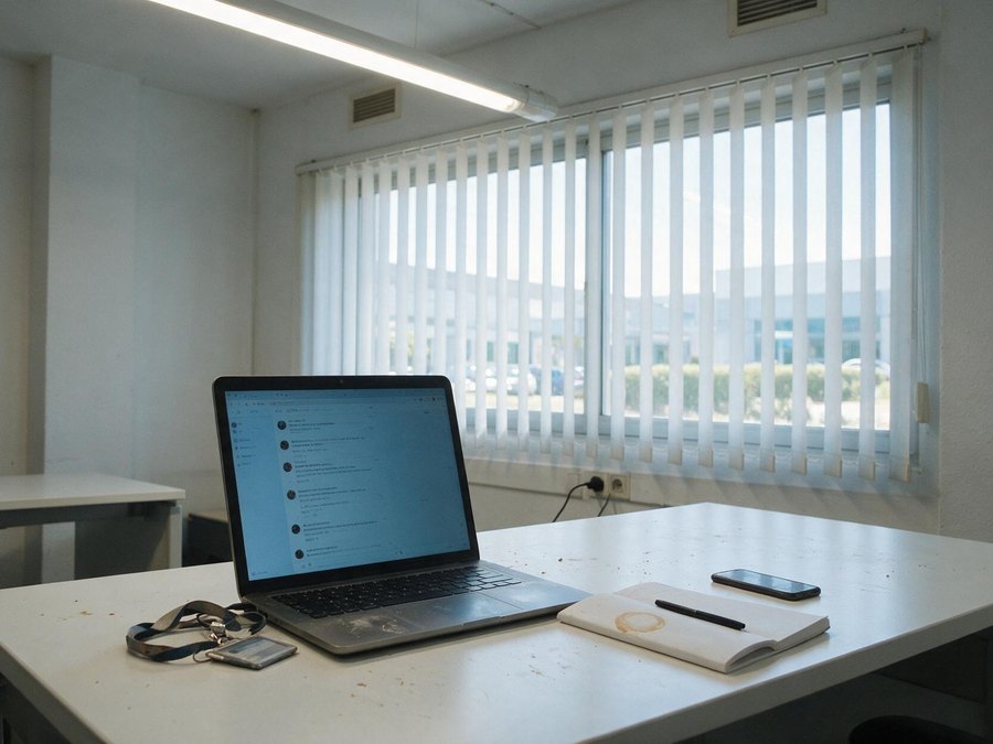 Un portatil abierto en un despacho de poligono, con la persiana veneciana y la mesa vacia alrededor