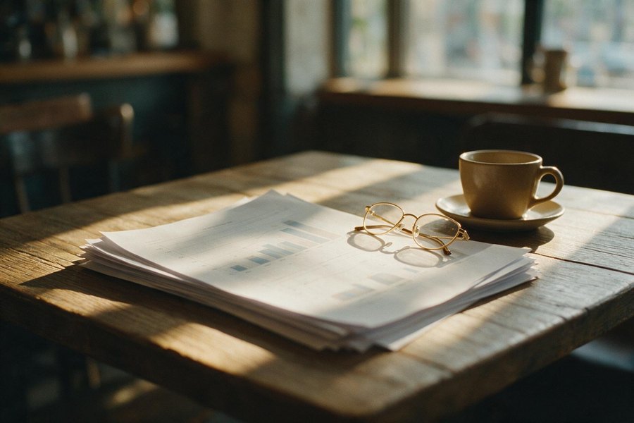 Un informe impreso sobre la mesa de un café, al lado de una taza y unas gafas de leer