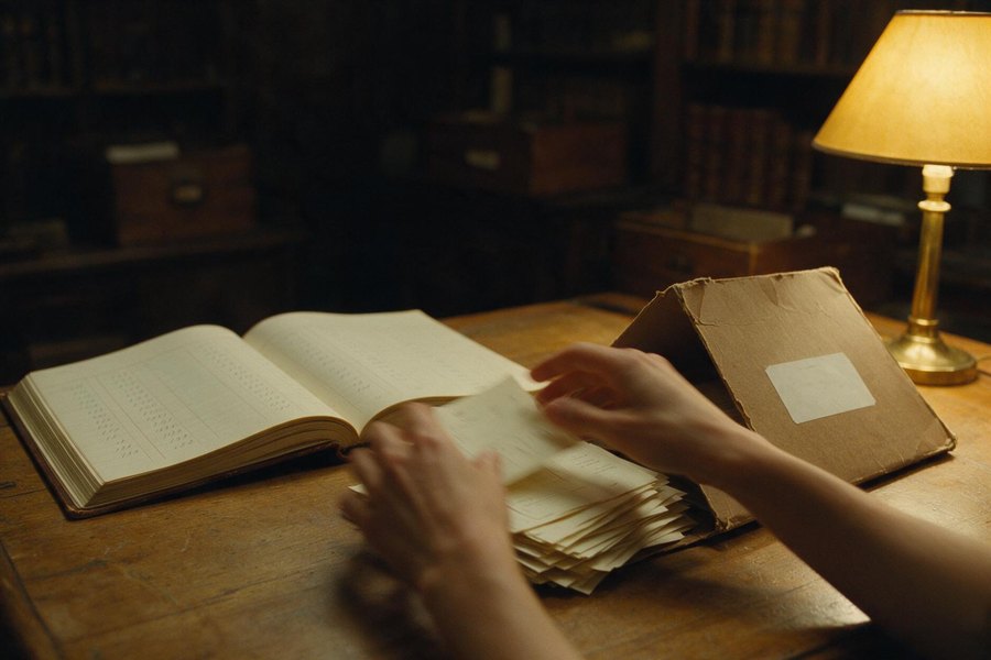Unas manos ordenando un montón de facturas en una carpeta, junto a un libro de cuentas