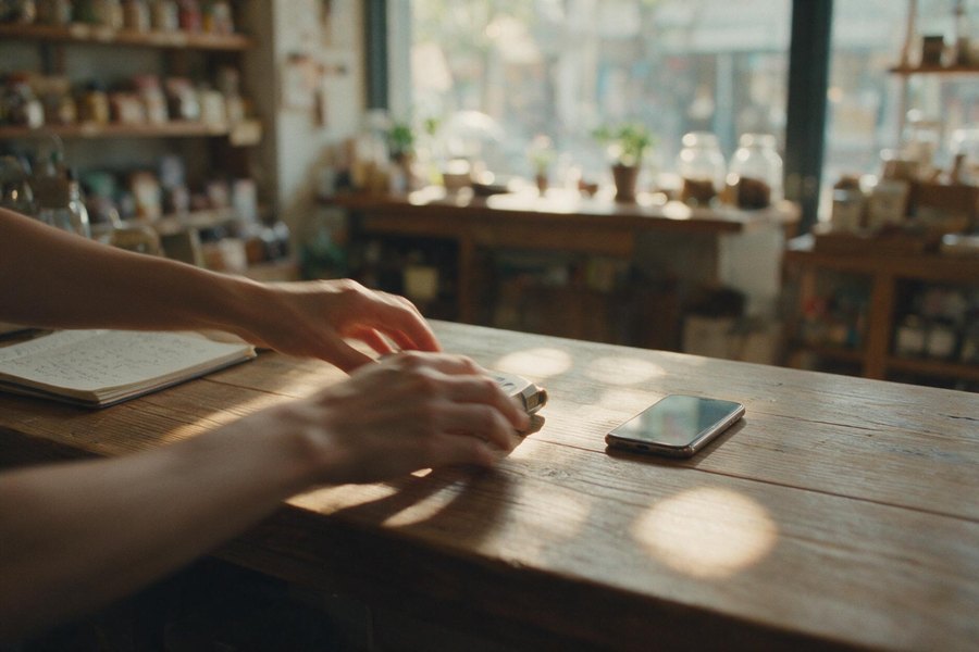 Unas manos colocando un producto sobre el mostrador para fotografiarlo, con luz de mañana
