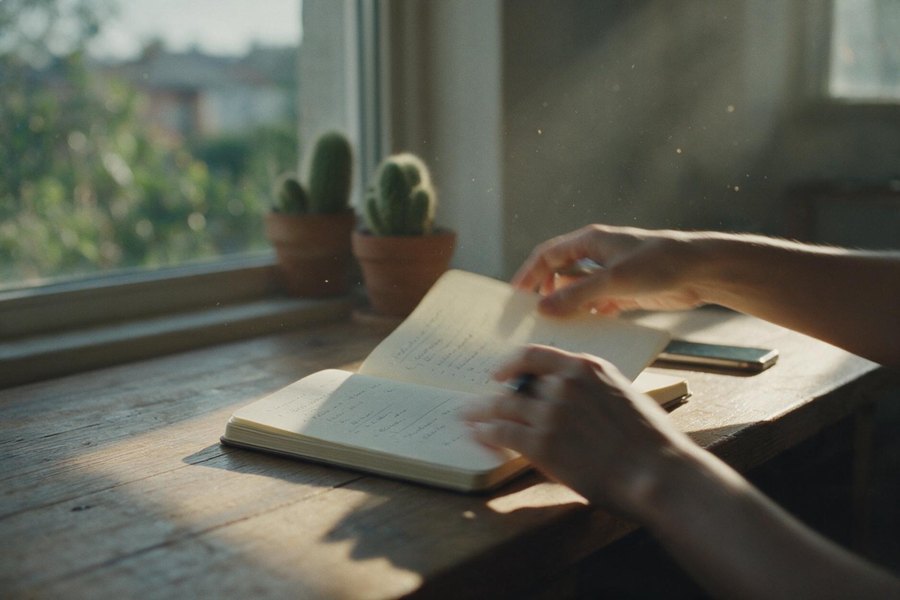 Unas manos pasando la hoja de un cuaderno lleno de nombres apuntados a mano, con luz de mañana