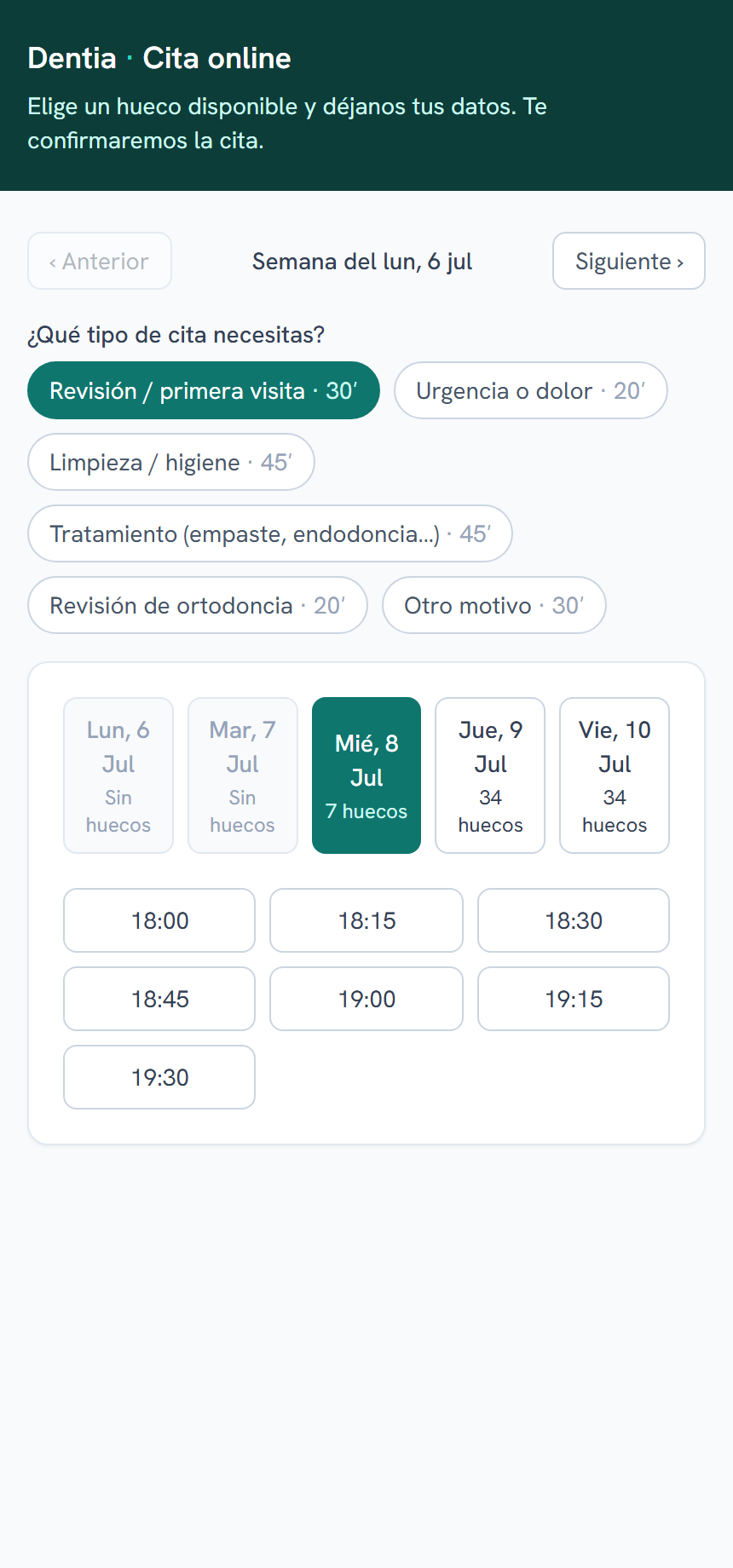 Página de reserva online con el tipo de cita ya seleccionado